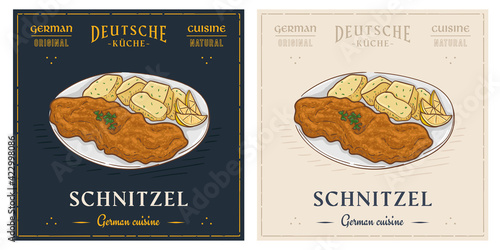 Schnitzel with potato retro vintage illustration dish