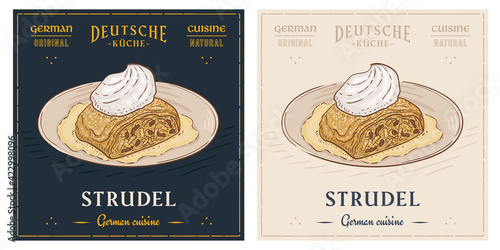 Apple Strudel with cream on plate pastry sweet retro vintage illustration