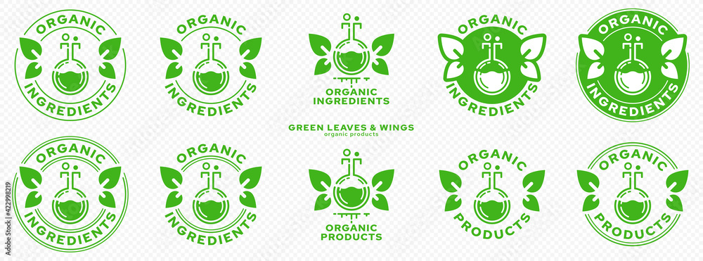 Concept for product packaging. Labeling - organic ingredients and products. Stamp with leaf-wings - a symbol of natural components floating in the product. Flask with a green ingredient. Vector Concept for product packaging. Labeling - organic ingredients and products. Stamp with leaf-wings - a symbol of natural components floating in the product. Flask with a green ingredient. Vector