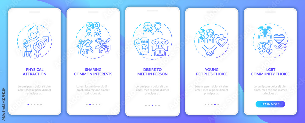 Desire to meet in person onboarding mobile app page screen with concepts. Physical attraction walkthrough 5 steps graphic instructions. UI, UX, GUI vector template with linear color illustrations Desire to meet in person onboarding mobile app page screen with concepts. Physical attraction walkthrough 5 steps graphic instructions. UI, UX, GUI vector template with linear color illustrations