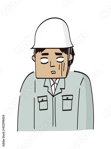 ヘルメットの作業員男性上半身イラスト（青ざめる）