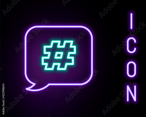 Glowing neon line Hashtag speech bubble icon isolated on black background. Concept of number sign, social media marketing, micro blogging. Colorful outline concept. Vector
