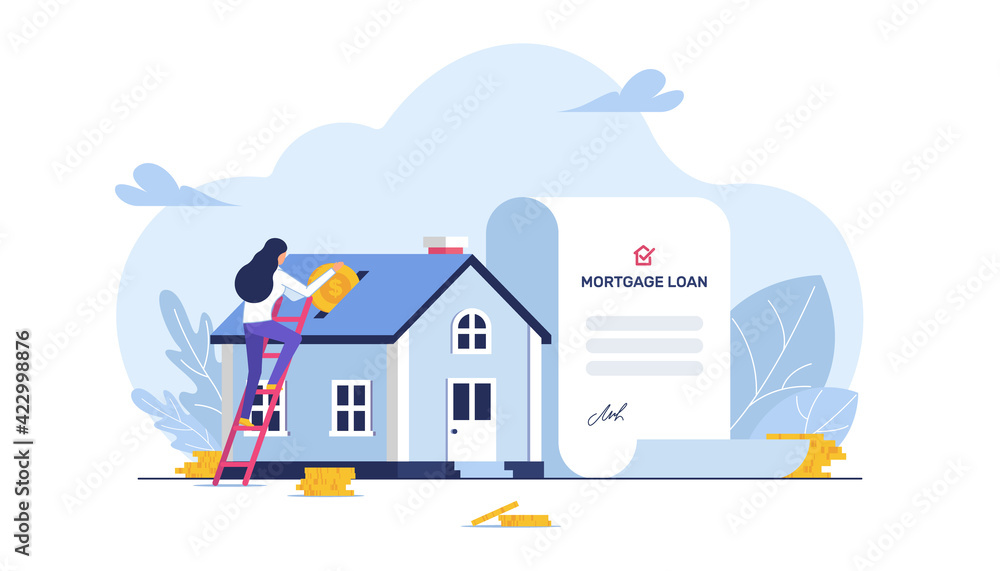 Real estate flat illustration. A woman on the stairs puts money in a piggy bank for housing. Mortgage loan agreement with coins. Real Estate Investment. Rentals. Buying real estate. Real estate flat illustration. A woman on the stairs puts money in a piggy bank for housing. Mortgage loan agreement with coins. Real Estate Investment. Rentals. Buying real estate.