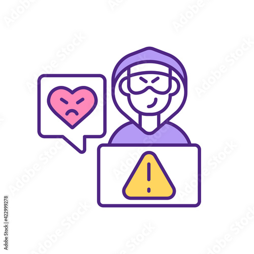 Online dating website hacker attack RGB color icon. Personal user data in danger, fake love. Professional fraud, crime on internet. Unhappy relationship building isolated vector illustration