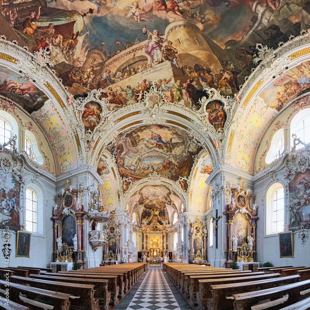 Innsbruck, Austria. Panoramic view of interior of Wilten Basilica. The interior, including ceiling paintings, was created in 1751-1756 by Franz Xaver Feuchtmayer, Anton Gigl and Matthaus Gunther.