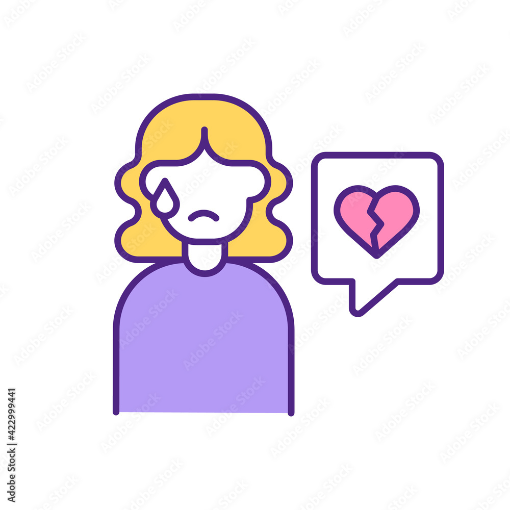 Broken hearted woman crying RGB color icon. Lonely, upset, depressed female character. Sadness after divorce, breakup, betrayal. End of romantic relationship isolated vector illustration Broken hearted woman crying RGB color icon. Lonely, upset, depressed female character. Sadness after divorce, breakup, betrayal. End of romantic relationship isolated vector illustration