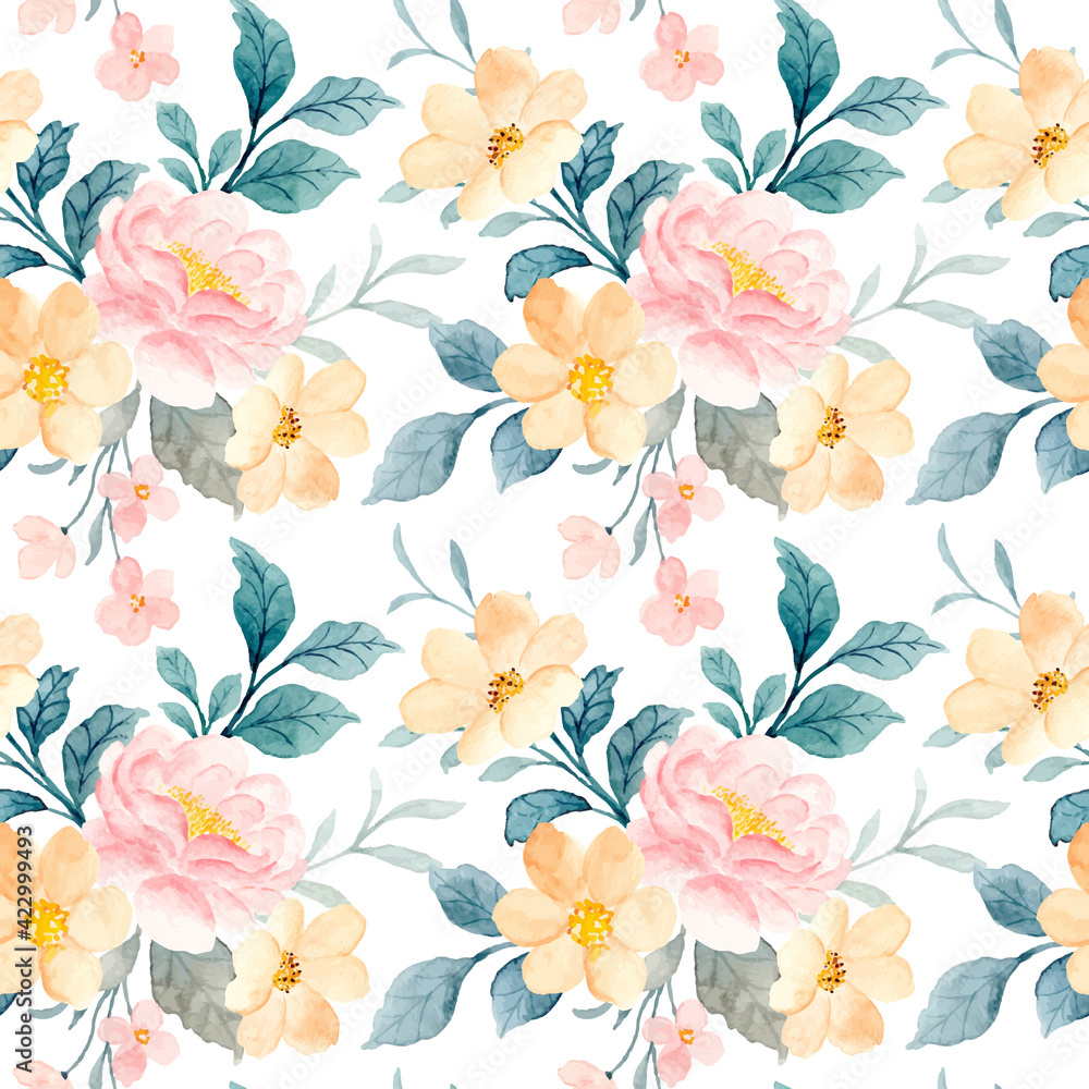 Seamless pattern of yellow and pink flower with watercolor