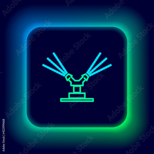 Glowing neon line Automatic irrigation sprinklers icon isolated on black background. Watering equipment. Garden element. Spray gun icon. Colorful outline concept. Vector