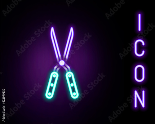 Glowing neon line Gardening handmade scissors for trimming icon isolated on black background. Pruning shears with wooden handles. Colorful outline concept. Vector