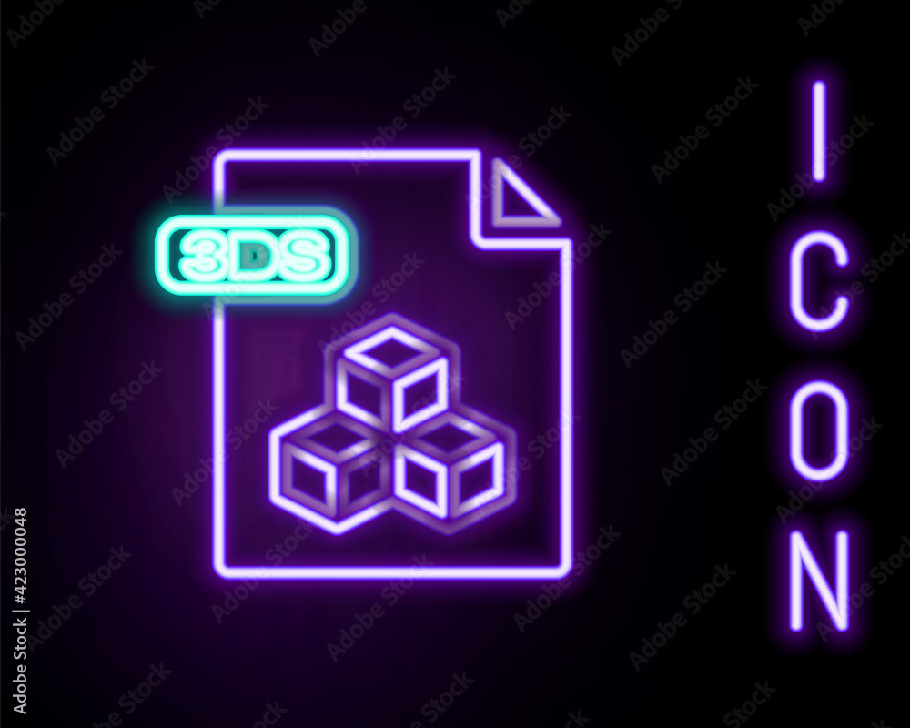 Glowing neon line 3DS file document. Download 3ds button icon isolated on black background. 3DS file symbol. Colorful outline concept. Vector Glowing neon line 3DS file document. Download 3ds button icon isolated on black background. 3DS file symbol. Colorful outline concept. Vector