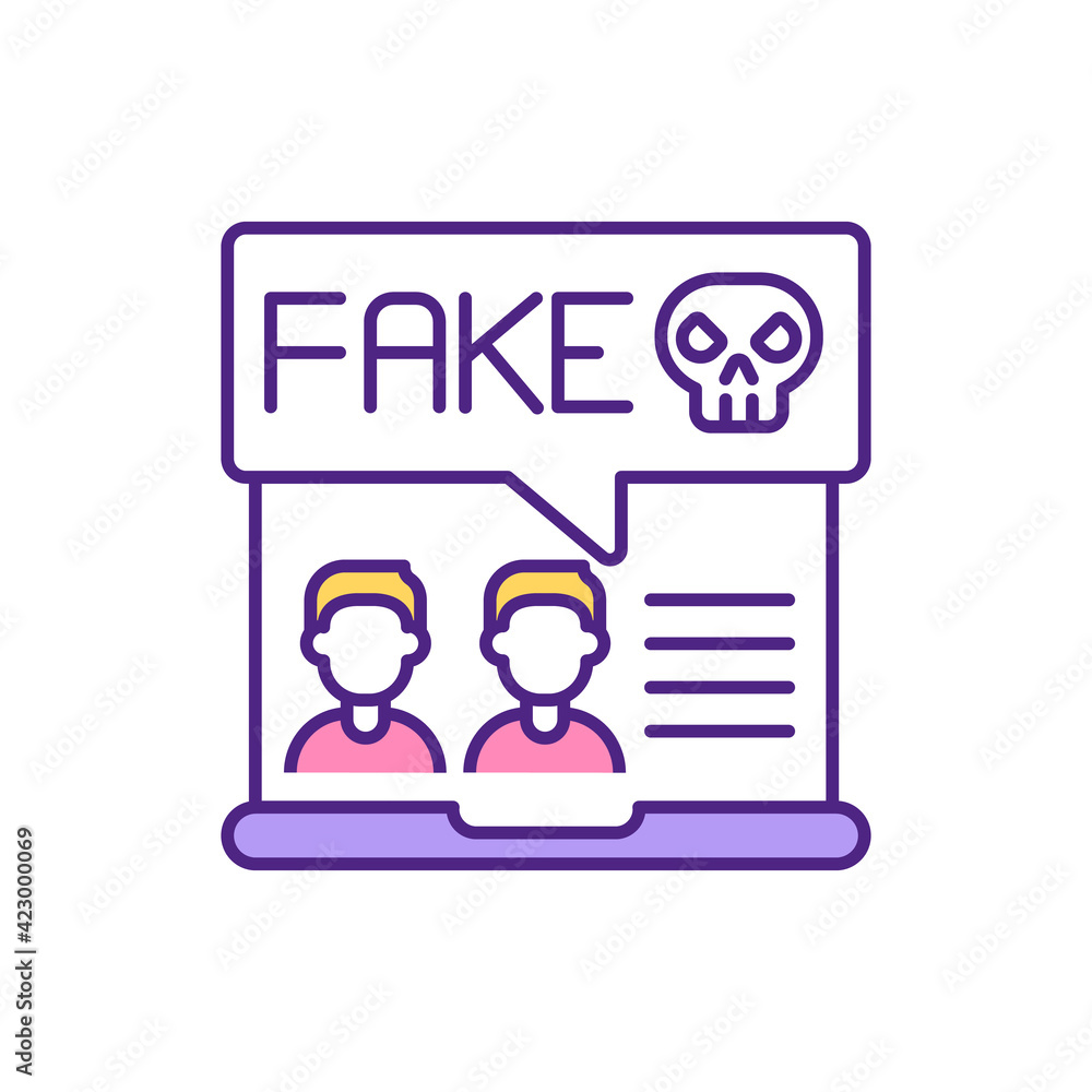 Fake dater profile on website RGB color icon. Hide personality in dating app. Pretend to be another person or celebrity. User misinformation isolated vector illustration