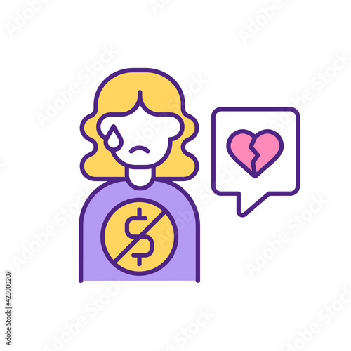 Online scammers requesting money from dating app woman user RGB color icon. Blackmail and fraud on internet. Steal money and break young female heart isolated vector illustration