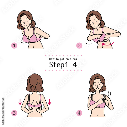 How to put on a bra, illustration of steps 1-4.