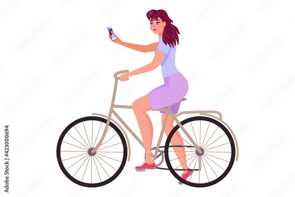 A girl on a bicycle, takes a selfie, a blogger, talks about sports. Vector, eps 10