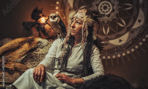 beautiful shamanic woman with owl in the interiors.