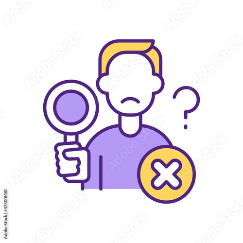 Man with magnifying glass RGB color icon. Unsuccessful searching. Guy making research. No suitable results found isolated vector illustration