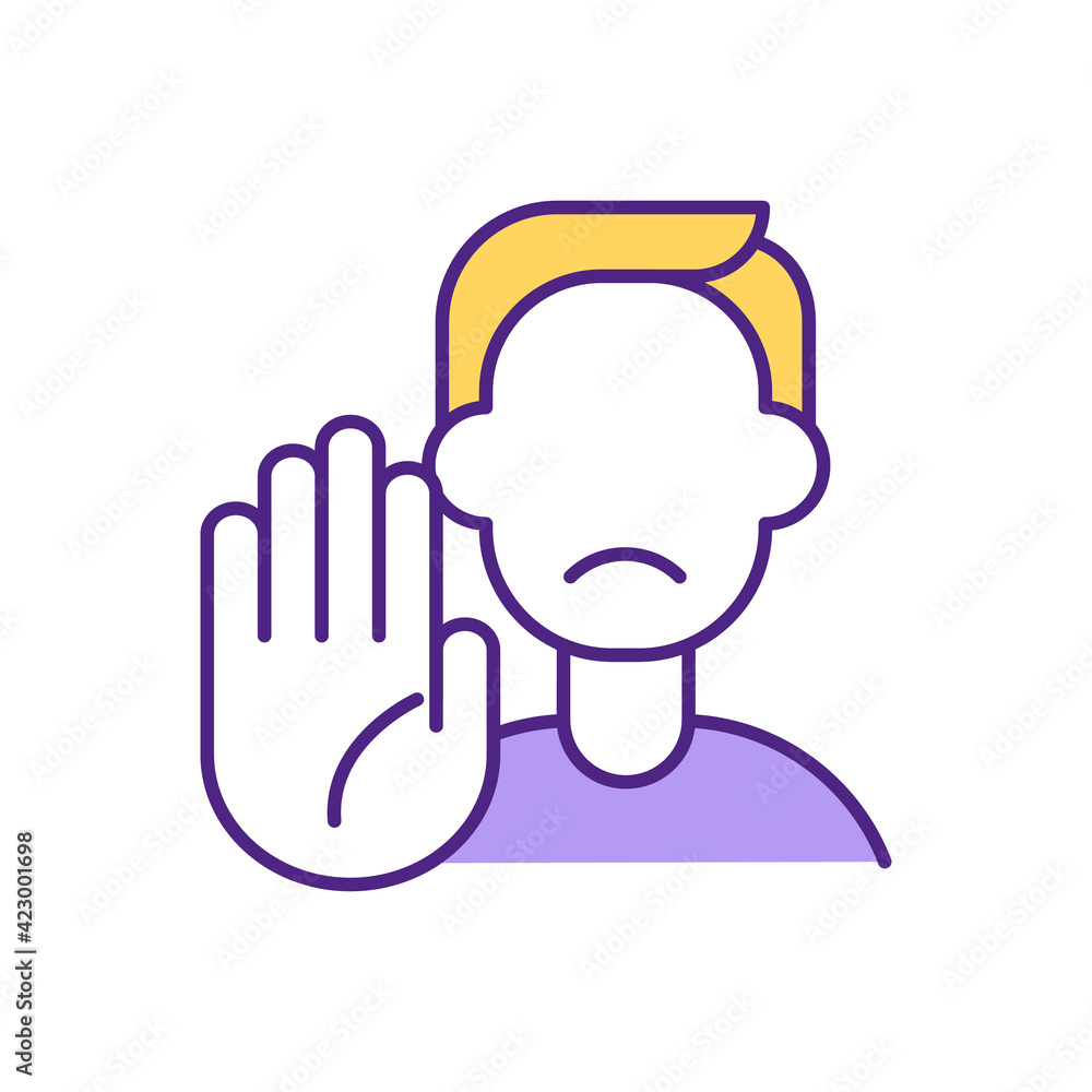 Man showing stop sign RGB color icon. Prohibition symbol. Blond guy with unhappy face expression. Person with stop hand gesture isolated vector illustration