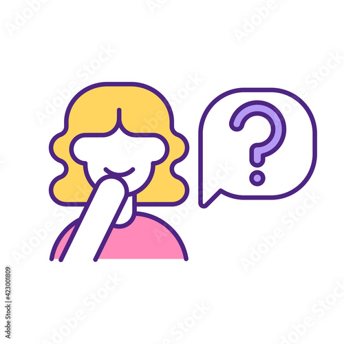 Tricky young blonde woman RGB color icon. Asking or having questions. Suspicious smiling girl trying to find right decision. Shy thinking female isolated vector illustration