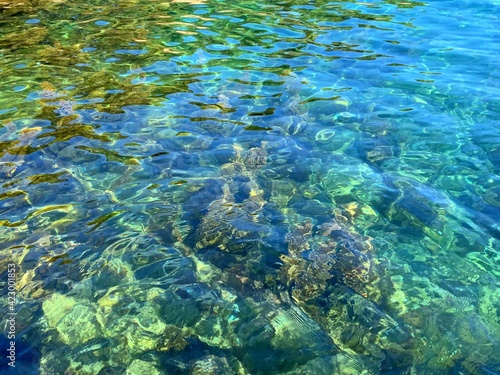 Turquoise sea water, emerald green blue watercolor, amazing summer seascape, crystal clear shiny waters, relax, zen, meditation.