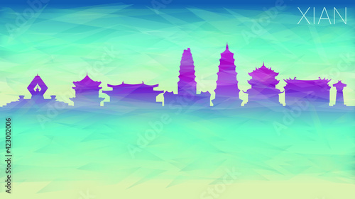Xian China Skyline City Silhouette. Broken Glass Abstract Geometric Dynamic Textured. Banner Background. Colorful Shape Composition.
