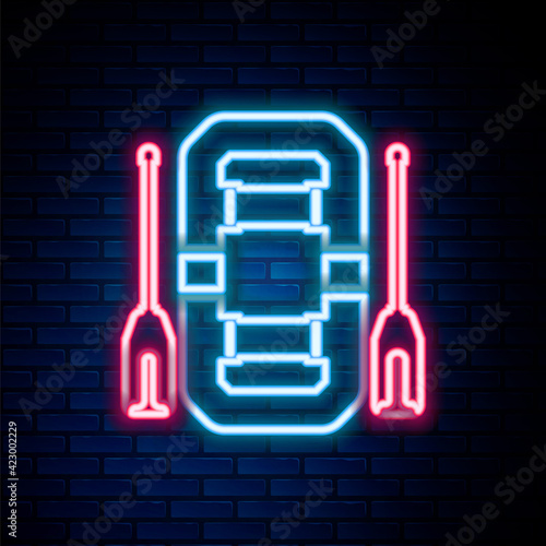 Glowing neon line Rafting boat icon isolated on brick wall background. Inflatable boat with oars. Water sports, extreme sports, holiday, vacation, team building. Colorful outline concept. Vector