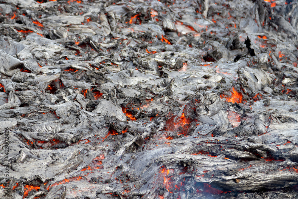 Texture of volcanic lava. Volcano eruption at Fagradalsfjall, Iceland. Texture of volcanic lava. Volcano eruption at Fagradalsfjall, Iceland.