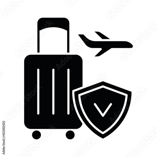 Travel insurance black glyph icon. Covering traveling costs and losses. Reimbursement for last-minute flight delay and cancellation. Silhouette symbol on white space. Vector isolated illustration