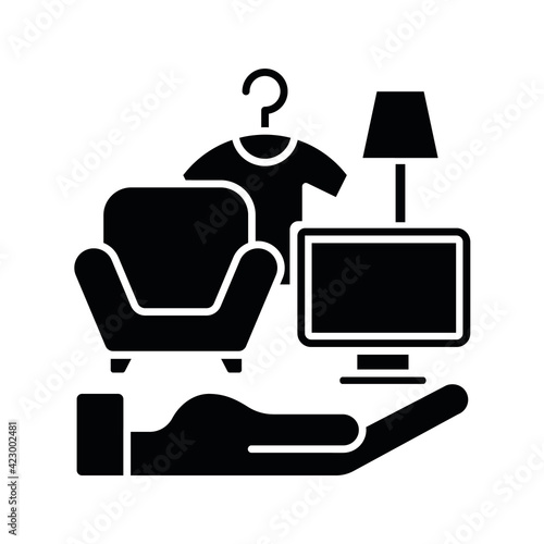 Possessions insurance black glyph icon. Contents insurance policy. Valuable personal belonging protection. Personal property replacement. Silhouette symbol on white space. Vector isolated illustration