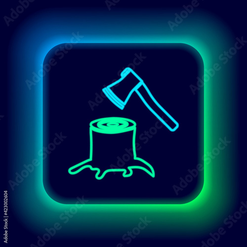 Glowing neon line Wooden axe in stump icon isolated on black background. Lumberjack axe. Axe stuck in wood. Colorful outline concept. Vector