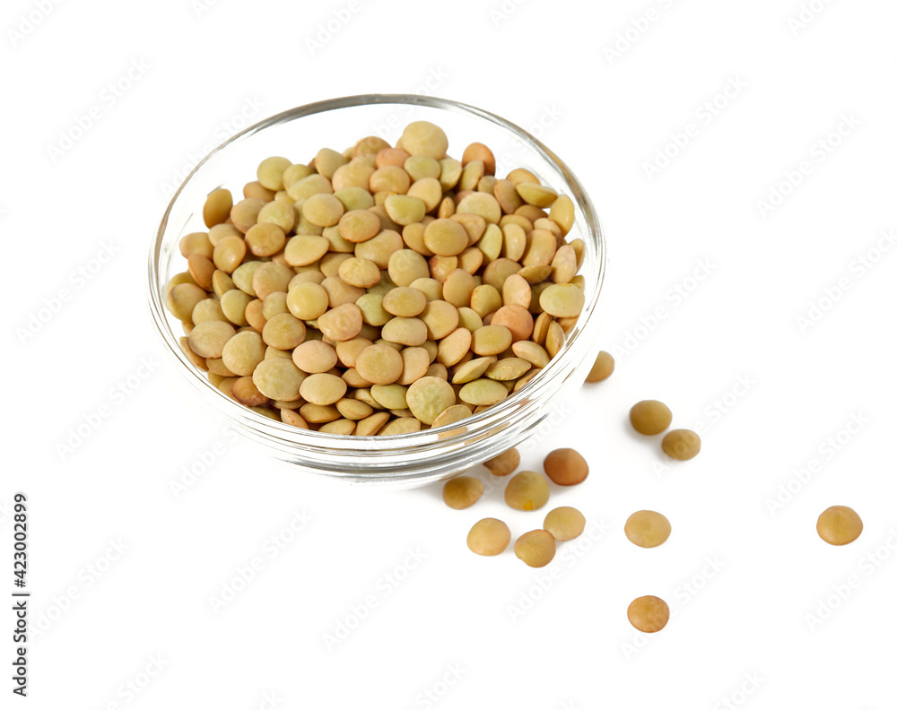 green lentils in a glass bowl isolated on white background green lentils in a glass bowl isolated on white background