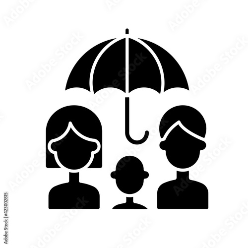 Life insurance black glyph icon. Life policy. Payment after death from disease, accident, natural causes. Financially family protection. Silhouette symbol on white space. Vector isolated illustration