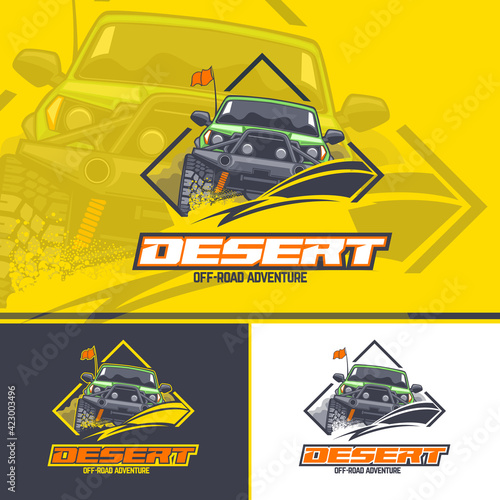 Off-road car logo in three versions on a yellow, dark and white background.