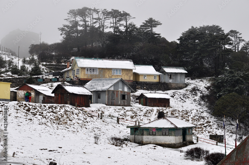 Cluster of home stay cottage covered with snow