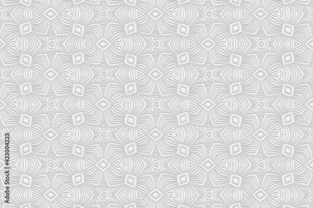 3D convex volumetric original pattern. Ethnic embossed white background with elements of geometric ornament. A graceful composition with the national flavor of the peoples of India.