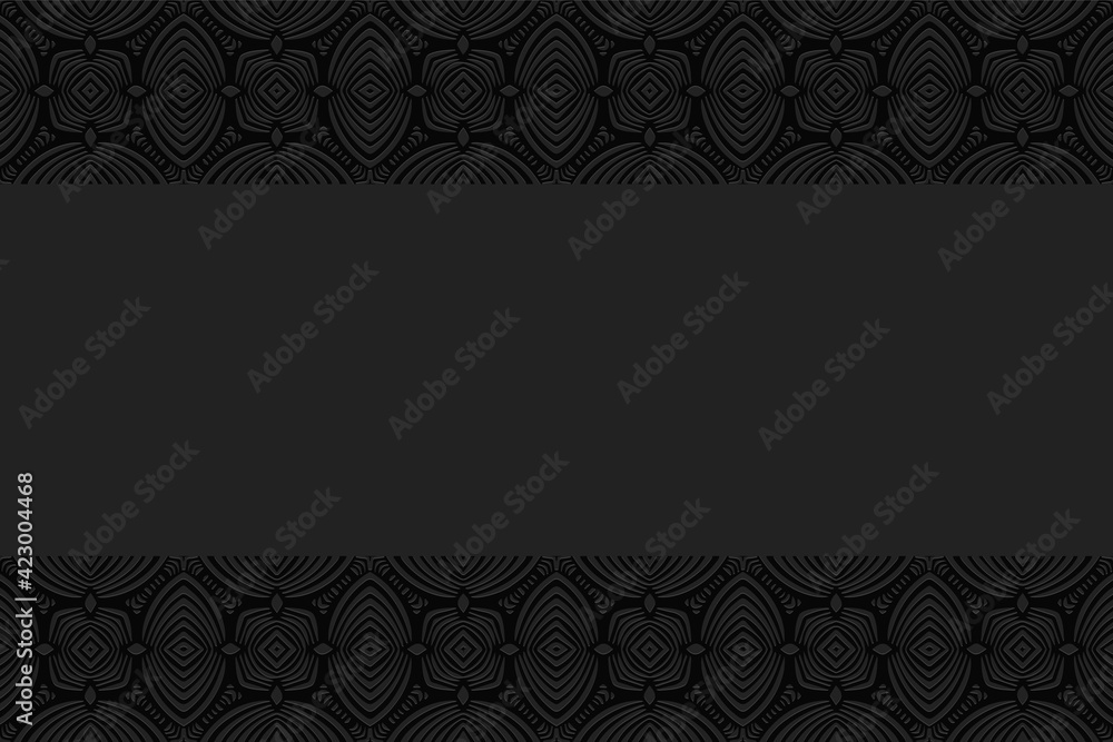 3D convex volumetric pattern. Ethnic geometric embossed black background. A complex exotic composition in the style of Indian doodling with arched lines. Horizontal inserts.