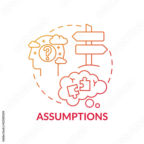 Assumptions red gradient concept icon. Proof for theory. Presumption, problem with critical thinking. Mental block idea thin line illustration. Vector isolated outline RGB color drawing photo