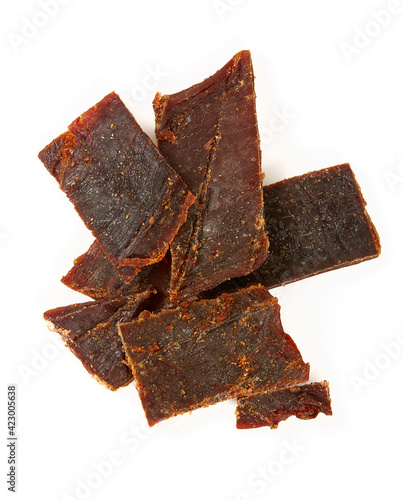 Beef jerky isolated on white background. Dried meat.