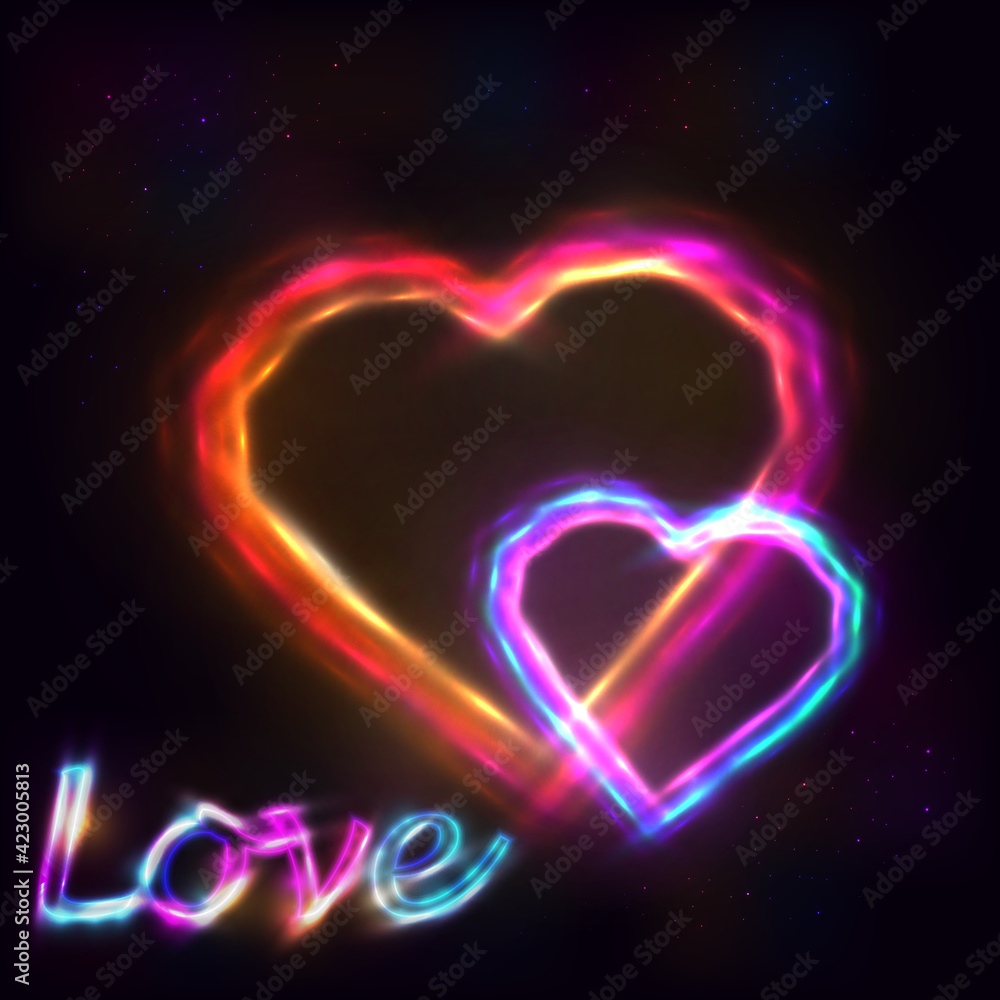 Two neon smoke light hearts for valentine's day, mother's day, and wedding day.  Hearts with neon light effect. Place for text. lettering love with neon effect.