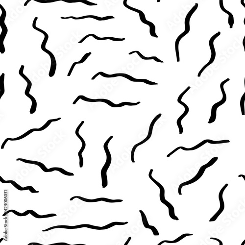 Seamless pattern with variety abstract shapes, lines, strokes, stripes. Background drawn with ink and marker in hand drawn style. Illustrations with natural texture in the Scandinavian style. Vector