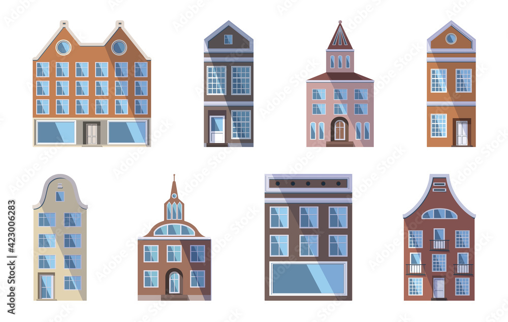 Set of European colored old houses, shops and factories in the traditional Dutch town style. Vector illustration in the flat style isolated on a white background. Design elements for a banner.