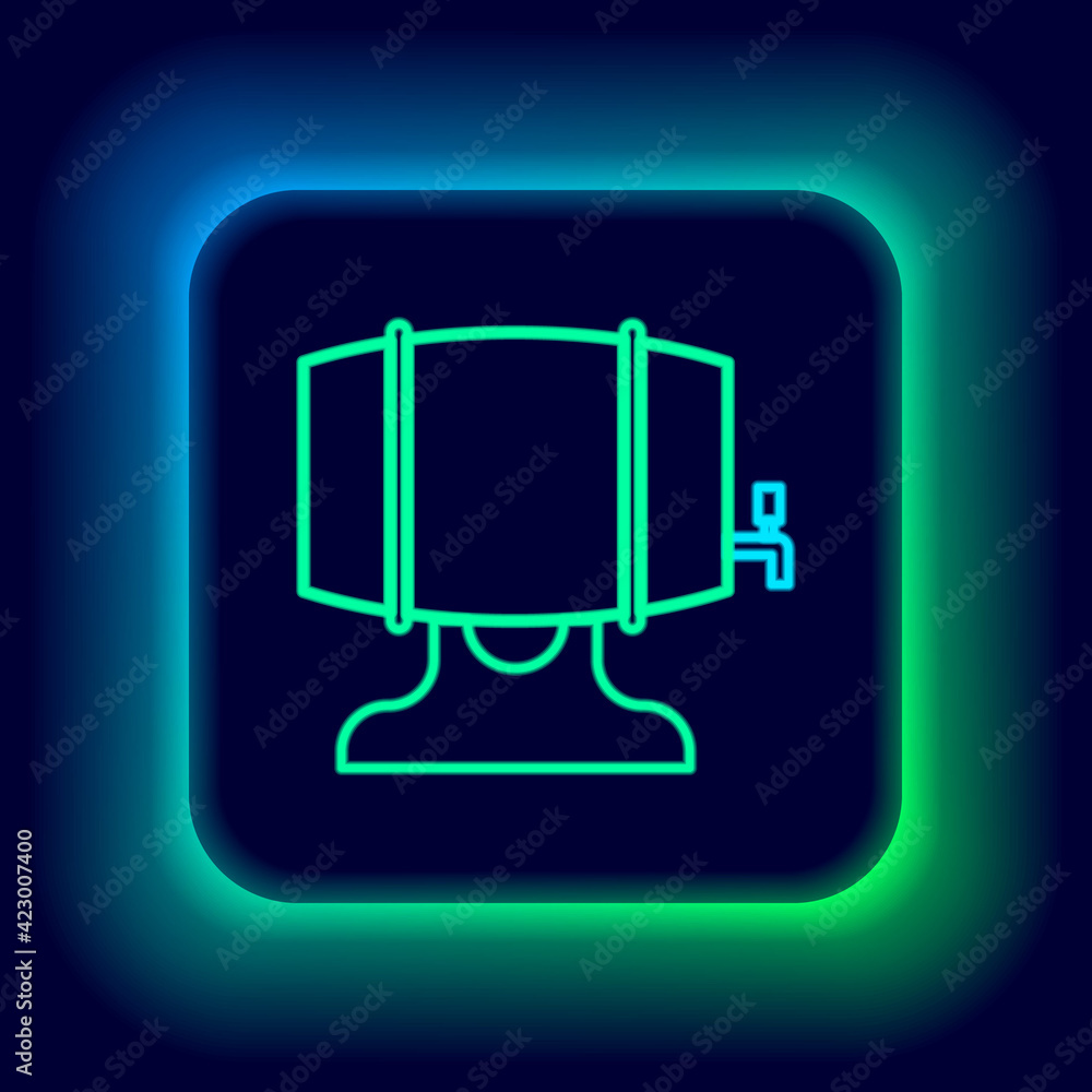 Glowing neon line Wooden barrel on rack with stopcock icon isolated on black background. Colorful outline concept. Vector Glowing neon line Wooden barrel on rack with stopcock icon isolated on black background. Colorful outline concept. Vector