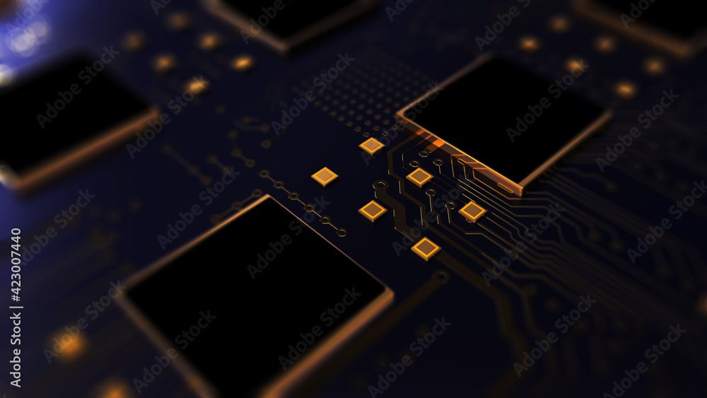 Abstract technological background made of different element printed circuit board. Circuit board futuristic server code processing. Orange, gold, blue, black technology background with bokeh Abstract technological background made of different element printed circuit board. Circuit board futuristic server code processing. Orange, gold, blue, black technology background with bokeh