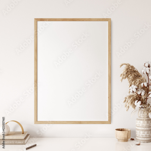 Frame & poster mockup in Boho style interior. 3d rendering, 3d illustration	