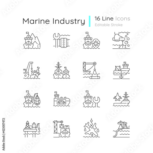 Marine industry linear icons set. Arctic exploration. Underwater pipeline repair. Maritime security. Customizable thin line contour symbols. Isolated vector outline illustrations. Editable stroke