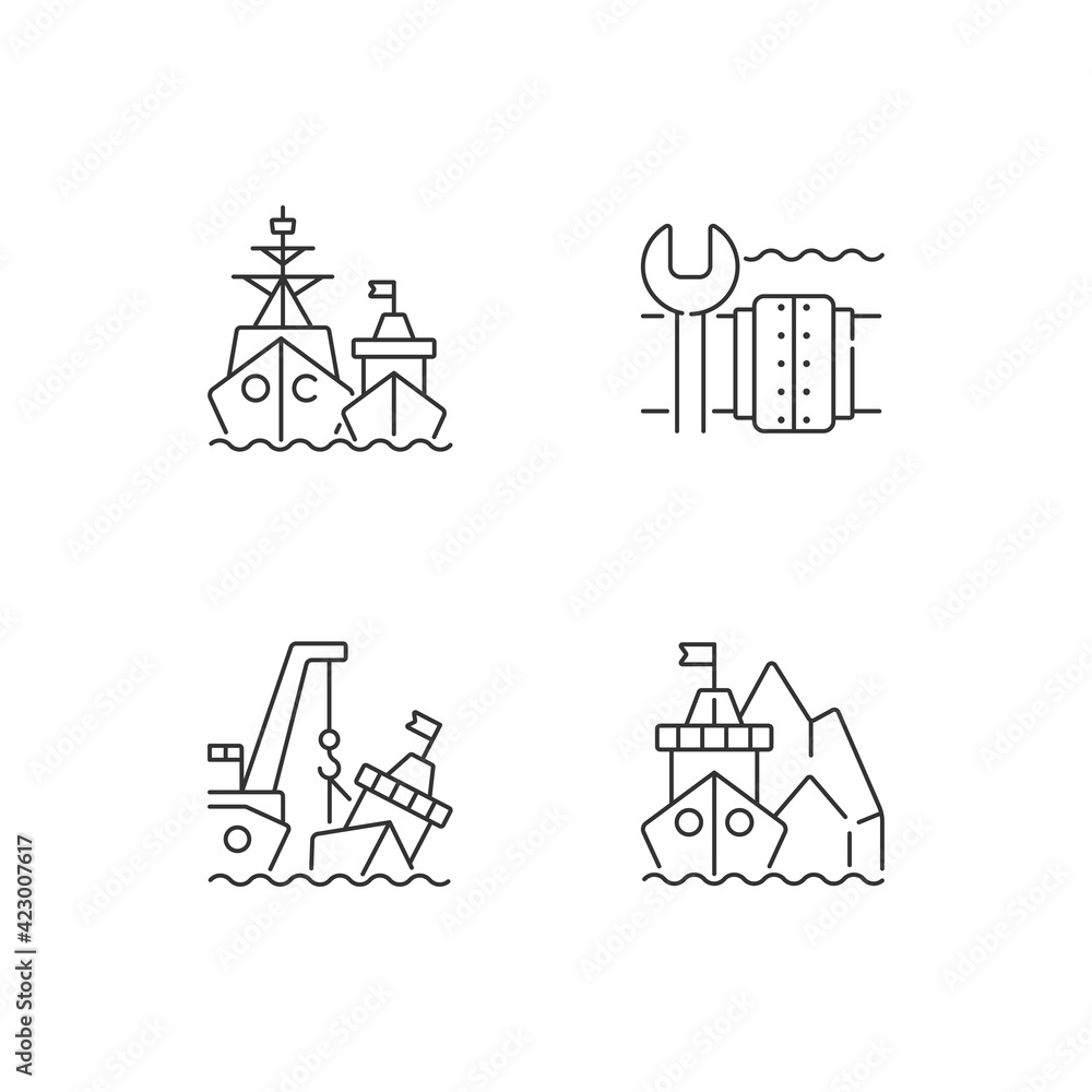 Maritime structures and regulation linear icons set. Military force unit. Underwater pipeline repair. Customizable thin line contour symbols. Isolated vector outline illustrations. Editable stroke
