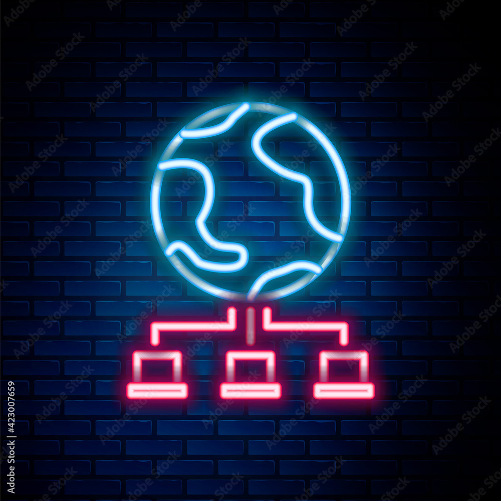 Glowing neon line Computer network icon isolated on brick wall background. Online gaming. Laptop network. Internet connection. Colorful outline concept. Vector Glowing neon line Computer network icon isolated on brick wall background. Online gaming. Laptop network. Internet connection. Colorful outline concept. Vector