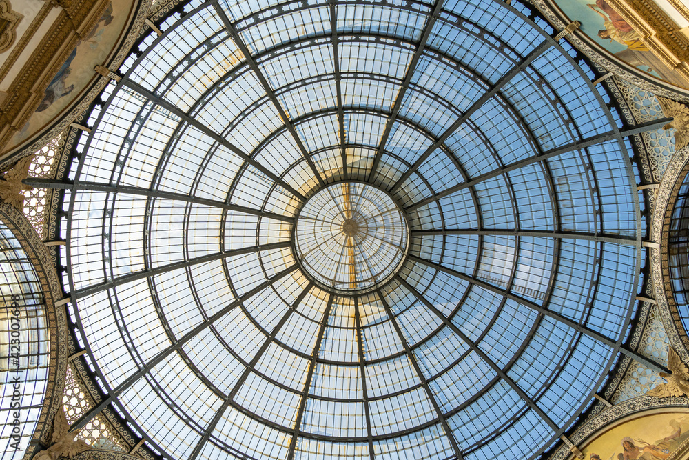 Beautiful architecture inside Gallery Vittorio Emanuele II shopping mall in Milan, Italy