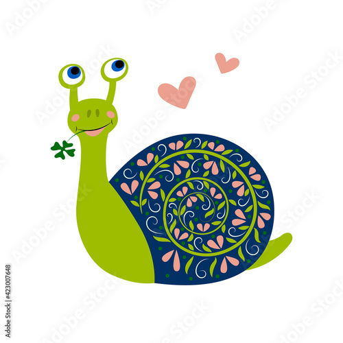 A cute snail with a pattern on the shell and a lucky clover in your mouth. Cartoon character. Children vector illustration.