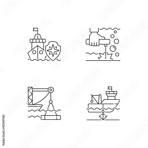 Maritime industry linear icons set. Search and rescue provision. Underwater welding. Anchored ship. Customizable thin line contour symbols. Isolated vector outline illustrations. Editable stroke