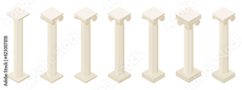 Antique Greek column isometric view set icon. Isolated vector illustration classic pillar isolated on white background.